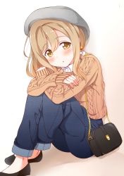 Rule 34 | 10s, 1girl, bad id, bad pixiv id, bag, beret, blush, brown eyes, brown hair, casual, chain, commentary request, crossed ankles, crossed arms, denim, earrings, fashion, flats, gold chain, hair between eyes, hat, jeans, jewelry, knees up, kunikida hanamaru, long sleeves, looking at viewer, love live!, love live! school idol festival, love live! sunshine!!, matching hair/eyes, pants, pants rolled up, shoulder bag, sitting, sleeves past wrists, solo, sweater, tipii