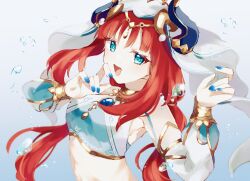 Rule 34 | 1girl, arabian clothes, blue eyes, blue nails, breasts, crop top, dancer, fake horns, genshin impact, highres, horns, long hair, looking at viewer, medium breasts, midriff, nekorin chu, nilou (genshin impact), open mouth, red eyes, solo, twintails, upper body
