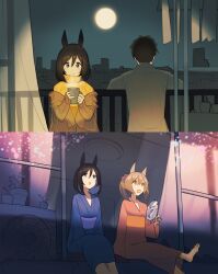 Rule 34 | 1boy, 2girls, absurdres, animal ears, ashinowoto, balcony, barefoot, black hair, black jacket, blue eyes, blue kimono, brown eyes, brown jacket, closed mouth, commentary request, cup, dangling, eishin flash (umamusume), feet out of frame, foot out of frame, from behind, full moon, hair between eyes, hand fan, highres, holding, holding cup, holding fan, horse ears, horse girl, jacket, jacket partially removed, japanese clothes, kimono, medium hair, moon, mug, multiple girls, night, night sky, obi, open mouth, outdoors, paper fan, plant, potted plant, red kimono, sash, short hair, sky, smart falcon (umamusume), smile, sweater, toes, trainer (umamusume), turtleneck, turtleneck sweater, twintails, uchiwa, umamusume, yellow sweater