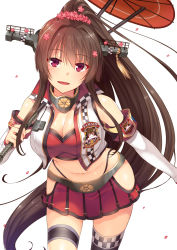 Rule 34 | 1girl, absurdres, adapted costume, adapted uniform, bare shoulders, blush, breasts, brown eyes, brown hair, character name, cherry blossoms, cleavage, cropped jacket, detached sleeves, flower, hair flower, hair ornament, headgear, highleg, highleg panties, highres, hip vent, horosuke, kantai collection, large breasts, leaning forward, long hair, looking at viewer, midriff, miniskirt, navel, oil-paper umbrella, open clothes, panties, panty straps, ponytail, race queen, red umbrella, shiny skin, simple background, skirt, sleeveless, sleeveless jacket, solo, stomach, thigh strap, thighhighs, thighs, umbrella, underwear, very long hair, white background, yamato (kancolle)