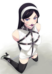 Rule 34 | 10s, 1girl, angry, ankle cuffs, arms behind back, ball gag, bdsm, black hair, black panties, black thighhighs, blue eyes, blush, bondage, bound, collar, crotch strap, dress, drooling, from above, gag, gagged, hairband, harness, high heels, highres, kneeling, kumashiro maya, long hair, looking up, murakami suigun, open mouth, panties, saliva, seikimatsu occult gakuin, shoes, short dress, solo, spreader bar, strap, sweat, thighhighs, underwear, wiffle gag