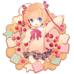 Rule 34 | 1girl, ahoge, blue eyes, blush, bow, cherry, cookie, food, fruit, hair bow, hair ornament, kamikita komari, little busters!, long sleeves, open mouth, orange hair, outstretched arms, pink bow, short hair, solo, star (symbol), sweater, yuge sasatarou