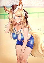Rule 34 | 1girl, animal ear fluff, animal ears, arknights, bare arms, bare shoulders, bike shorts, black hat, blue shorts, blush, breasts, closed mouth, day, elsi, feet out of frame, garrison cap, hand in own hair, hand on own knee, hand up, hat, highres, horse ears, horse girl, horse tail, large breasts, leaning forward, looking at viewer, nipples, outdoors, see-through, shorts, skindentation, smile, solo, stadium, standing, sweat, swept bangs, tail, thick eyebrows, v-shaped eyebrows, whislash (arknights)