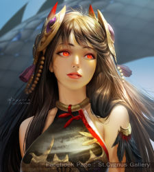 Rule 34 | 1girl, artist request, bare shoulders, breasts, brown hair, dated, dragon, dress, eyelashes, facebook username, feathers, headwear request, highres, jewelry, lips, lipstick, long hair, looking away, makeup, medium breasts, nose, parted lips, pink lips, red eyes, rin (seven knights), seven knights, signature, sitting, sleeveless, sleeveless dress, smile, st. cygnus, tassel, teeth