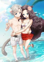 Rule 34 | 1boy, 1girl, :d, animal ears, bad id, bad pixiv id, bare arms, bare shoulders, beach, bikini, bikini skirt, bikini top only, blue eyes, blue sky, blush, breasts, brown footwear, brown hair, cat ears, cat tail, cleavage, cloud, collarbone, commission, day, dutch angle, flower, forehead, grey hair, hair flower, hair ornament, hand on another&#039;s waist, hand up, haruri, heart, highres, long hair, male swimwear, navel, open mouth, original, outdoors, palm tree, parted bangs, pink flower, pink rose, rose, sand, sandals, sky, small breasts, smile, standing, standing on one leg, swim trunks, swimsuit, tail, tail raised, topless male, translation request, tree, v, very long hair, water, water drop, white bikini, white male swimwear, white swim trunks