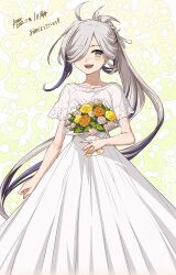 Rule 34 | 1girl, absurdres, ahoge, alternate costume, anniversary, asashimo (kancolle), bouquet, copyright name, dated, dress, feet out of frame, flower, grey eyes, grey hair, hair over one eye, highres, kanmiya shinobu, kantai collection, long hair, looking at viewer, ponytail, sharp teeth, smile, solo, teeth, white dress