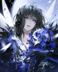 Rule 34 | 1boy, blue eyes, bug, cape, crown, danhu, fate/grand order, fate (series), fur-trimmed cape, fur trim, grey hair, highres, insect wings, long hair, looking at viewer, male focus, oberon (fate), oberon (third ascension) (fate), shirt, solo, spoilers, upper body, white shirt, wings