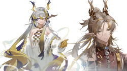 Rule 34 | 1boy, 1girl, arknights, artist name, bare shoulders, blonde hair, brown hair, brown horns, brown jacket, chain, chinese commentary, closed mouth, colored skin, commentary request, dragon boy, dragon girl, dragon horns, dress, ear piercing, earrings, expressionless, grey eyes, grey hair, hair between eyes, hair intakes, highres, horns, jacket, jewelry, light smile, long hair, looking at viewer, multicolored hair, necklace, off shoulder, open clothes, open jacket, outstretched hand, piercing, pointy ears, purple hair, purple horns, red pupils, rslkanoko, shu (arknights), simple background, sketch, strapless, strapless dress, streaked hair, very long hair, watermark, weibo logo, white background, white dress, white horns, white jacket, yellow eyes, yellow horns, zhi (arknights)