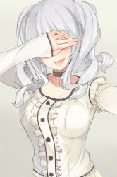 Rule 34 | 1girl, alternate costume, arm up, black choker, blush, breasts, buttons, center frills, choker, collarbone, covering face, facing viewer, frilled shirt, frills, gradient background, grey background, grey shirt, highres, inushi, kantai collection, kashima (kancolle), long hair, long sleeves, medium breasts, no headwear, open mouth, outstretched arm, reaching, reaching towards viewer, selfie, shirt, sleeves past wrists, solo, tongue, tongue out, twintails, upper body, wavy hair