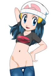 Rule 34 | 1girl, beanie, blue eyes, blue hair, breasts, creatures (company), crop top, curvy, dawn (pokemon), female focus, game freak, groin, hainchu, hand on own hip, hat, highres, hip focus, looking at viewer, lowleg, lowleg pants, midriff, navel, nintendo, no panties, pants, pokemon, pokemon (anime), pokemon dppt (anime), simple background, small breasts, smile, white background, white hat, wide hips