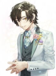 Rule 34 | 1boy, ascot, black hair, black vest, blue ascot, brown eyes, collared shirt, fingernails, flower, formal, jacket, jude mathis, looking at viewer, male focus, own hands together, parted lips, pink flower, pink rose, pon52io, rose, shirt, short hair, solo, tales of (series), tales of xillia, vest, white background, white jacket, white shirt