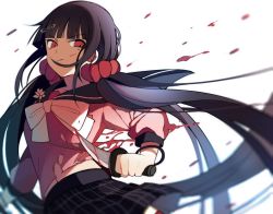 Rule 34 | 1girl, angry, black hair, black skirt, blood, blunt bangs, blurry, commentary request, danganronpa (series), danganronpa v3: killing harmony, depth of field, floating hair, hair ornament, hairclip, harukawa maki, holding, holding knife, holding weapon, injury, knife, long hair, long sleeves, looking at viewer, low twintails, mole, mole under eye, plaid, plaid skirt, pleated skirt, qiao xing, red eyes, red scrunchie, red shirt, sailor collar, school uniform, scrunchie, serafuku, shirt, skirt, solo, torn clothes, torn shirt, twintails, weapon, white background