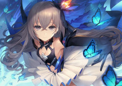 Rule 34 | 1girl, absurdres, black gloves, blue butterfly, breasts, bronya zaychik, bronya zaychik (herrscher of reason), bug, butterfly, center opening, cleavage, commentary request, crossed bangs, dress, drill hair, elbow gloves, from above, gloves, grey eyes, grey hair, highres, honkai (series), honkai impact 3rd, insect, layered dress, long hair, looking at viewer, mamima, navel, small breasts, smile, solo, very long hair