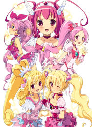 Rule 34 | 00s, 10s, 5girls, :d, ;), aida mana, blonde hair, blush, bow, brooch, color connection, cure blossom, cure happy, cure heart, cure melody, cure peach, dokidoki! precure, fresh precure!, glowing, hair ornament, hanasaki tsubomi, heart, heart brooch, heart hair ornament, heart hands, heart hands duo, heartcatch precure!, homing (areya), hoshizora miyuki, houjou hibiki, jewelry, momozono love, multiple girls, musical note, one eye closed, open mouth, pink bow, pink eyes, pink hair, pink skirt, precure, simple background, skirt, smile, smile precure!, suite precure, white background, wink