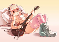 Rule 34 | 1girl, 2013, :o, armlet, bare shoulders, bikini, bikini top only, boots, breasts, cable, cleavage, covered erect nipples, cross-laced footwear, crossed ankles, dated, electric guitar, front-tie top, guitar, headphones, instrument, junkpuyo, lace-up boots, large breasts, long hair, looking at viewer, lying, md5 mismatch, micro bikini, navel, nitroplus, on back, open mouth, patterned legwear, pillow, pink eyes, pink hair, pink thighhighs, plectrum, print thighhighs, red eyes, sideboob, simple background, skindentation, solo, star (symbol), star print, super sonico, swimsuit, thighhighs, underboob, yellow background