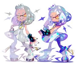 Rule 34 | + +, 1girl, :d, amakusa (hidorozoa), black gloves, boots, clenched hands, closed mouth, crown, dress, fang, fingerless gloves, gloves, grey dress, grey footwear, grey hair, holding, inkling, legs apart, looking at viewer, mole, mole under mouth, nintendo, open mouth, orange eyes, pearl (splatoon), short eyebrows, short hair, smile, solo, splatoon (series), splatoon 2, thick eyebrows