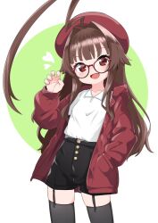 Rule 34 | 1girl, ahoge, alternate costume, bespectacled, black shorts, black thighhighs, brown hair, claw pose, fang, garter straps, glasses, hand in pocket, hat, heart, hood, hood down, hooded jacket, huge ahoge, jacket, kantai collection, kuma (kancolle), long hair, long sleeves, looking at viewer, nassukun, open clothes, open jacket, open mouth, red-framed eyewear, red eyes, red hat, red jacket, shirt, shorts, simple background, solo, thighhighs, two-tone background, white shirt