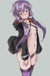 Rule 34 | 1girl, areola slip, bad id, bad pixiv id, black jacket, blush, breasts, breasts apart, collarbone, colored pubic hair, criss-cross halter, embarrassed, excessive pubic hair, female pubic hair, frown, grey background, half-closed eyes, halterneck, hands on own thighs, highres, hood, hood down, hooded jacket, jacket, long hair, long sleeves, looking away, looking down, low twintails, navel, nose blush, open clothes, open jacket, parted lips, pubic hair, purple eyes, purple hair, purple thighhighs, shiny skin, simple background, small breasts, solo, stomach, thighhighs, twintails, vocaloid, voiceroid, yohane, yuzuki yukari