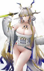 Rule 34 | 1girl, alternate breast size, arknights, bare shoulders, blonde hair, blue hair, bottomless, breasts, choker, cleavage, cleft of venus, colored tips, dragon girl, dragon horns, earrings, gradient hair, grey hair, highres, holding, holding sword, holding weapon, horns, jacket, jewelry, large breasts, long hair, long sleeves, looking at viewer, multicolored hair, off shoulder, open clothes, open jacket, pointy ears, pussy, shu (arknights), solo, strapless, sword, tassel, tassel earrings, tube top, weapon, white background, white jacket, yuuki mix