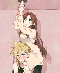 Rule 34 | 1boy, 1girl, aerith gainsborough, alternate costume, arms up, bandaid, bandaid on knee, bandaid on leg, blonde hair, blue eyes, blush, breasts, brown hair, carrying, cloud strife, dress, final fantasy, final fantasy vii, green eyes, green shirt, hair between eyes, hair down, hair ornament, hairclip, hands on another&#039;s leg, hands up, indoors, jewelry, krudears, light bulb, long hair, long sleeves, looking up, medium breasts, parted bangs, piggyback, ring, shirt, short dress, short hair, sidelocks, spiked hair, sweatdrop, tongue, tongue out, upper body, wavy hair, yellow dress