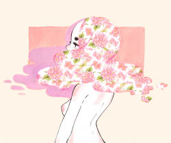 Rule 34 | 1girl, back, bad id, bad tumblr id, breasts, covered mouth, crisalys, floating hair, flower, from behind, leaf, long hair, looking away, looking to the side, medium breasts, nipples, oil painting (medium), original, painting (medium), patterned, pink background, pink flower, simple background, solo, traditional media, upper body