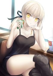 Rule 34 | 1girl, :t, arm support, artoria pendragon (all), artoria pendragon (fate), bare arms, bare shoulders, black ribbon, black thighhighs, blonde hair, blush, brand name imitation, breasts, burger, chair, cleavage, closed mouth, collarbone, crossed legs, cup, drinking straw, eating, fate/grand order, fate (series), food, hair ribbon, holding, holding food, indoors, leaning to the side, long hair, low ponytail, medium breasts, ponytail, ribbon, saber alter, saber alter (ver. shinjuku 1999) (fate), sidelocks, sitting, sleeveless, solo, taiki ken, tank top, thighhighs, thighs, v-shaped eyebrows, window, windowsill, wrapper, yellow eyes