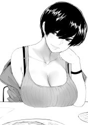 Rule 34 | 1girl, absurdres, bra strap, bracelet, breast rest, breasts, breasts on table, cleavage, collarbone, commentary, downblouse, english commentary, greyscale, hair between eyes, head rest, highres, jewelry, large breasts, looking at viewer, monochrome, norman maggot, off shoulder, olive laurentia, open clothes, original, pixie cut, pov, short hair, simple background, sitting, smile, solo, table, tank top, unzipped, white background