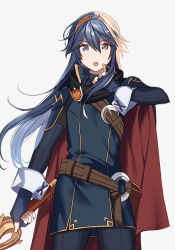 Rule 34 | 1girl, armor, belt, belt buckle, black cape, blue eyes, blue gloves, blue hair, blue sweater, breastplate, buckle, cape, commentary request, falchion (fire emblem), fingerless gloves, fire emblem, fire emblem awakening, floating hair, gloves, hair between eyes, highres, holding, holding sword, holding weapon, long hair, looking at viewer, lucina (fire emblem), multicolored cape, multicolored clothes, nintendo, open mouth, red cape, ribbed sweater, ryon (ryonhei), shoulder armor, simple background, solo, sweater, sword, symbol-shaped pupils, tiara, turtleneck, turtleneck sweater, weapon, white background