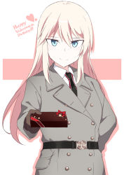 Rule 34 | 1girl, belt, bismarck (kancolle), blonde hair, blue eyes, box, box of chocolates, brown gloves, buttons, cross, double-breasted, gift, gloves, grey jacket, hair between eyes, happy birthday, heart, iron cross, jacket, kantai collection, long hair, looking at viewer, necktie, shigino sohuzi, simple background, smile, solo, two-tone background, valentine