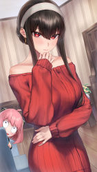 Rule 34 | 2girls, absurdres, anya (spy x family), bare shoulders, black hair, blush, breasts, child, closed mouth, hair between eyes, hairband, highres, indoors, long sleeves, looking at another, looking at viewer, medium breasts, monegi, multiple girls, pink hair, red eyes, red sweater, short hair, sleeves past wrists, spy x family, sweater, white hairband, yor briar