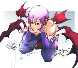 Rule 34 | 1girl, bare shoulders, blue pantyhose, dated, demon girl, demon wings, head wings, highres, leotard, lilith aensland, pantyhose, pout, purple hair, red eyes, red wings, short hair, solo, spikes, squatting, strapless, strapless leotard, u emmm, vampire (game), wings