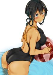 Rule 34 | 1girl, ass, ball, beachball, black hair, black one-piece swimsuit, blue eyes, competition swimsuit, cowboy shot, from behind, highres, long hair, looking at viewer, one-piece swimsuit, original, simple background, soaking feet, solo, standing, swimsuit, tan, wading, white background, yuzu lemon