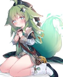 Rule 34 | 1girl, blue eyes, blush, closed mouth, commentary request, detached sleeves, eip (pepai), full body, green hair, hair ornament, highres, honkai: star rail, honkai (series), huohuo (honkai: star rail), leaf hair ornament, long hair, long sleeves, looking at viewer, loose socks, paw-shaped pupils, simple background, sitting, socks, solo, symbol-shaped pupils, thighs, wariza, wavy mouth, white background, white socks, yin yang