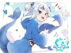 Rule 34 | absurdres, animal costume, blue eyes, blue hair, blue hoodie, blunt bangs, character name, fins, fish tail, gawr gura, hair ornament, highres, hololive, hololive english, holomyth, hood, hoodie, long sleeves, medium hair, multicolored hair, nendo23, shark, shark costume, shark girl, shark hair ornament, shark tail, sharp teeth, silver hair, streaked hair, stuffed animal, stuffed toy, tail, teeth, two side up, upper teeth only, virtual youtuber, wide sleeves