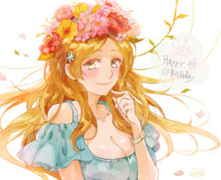 Rule 34 | 1girl, bleach, blonde hair, blue shirt, blush, bracelet, breasts, cleavage, closed mouth, clothing cutout, collarbone, floating hair, flower, hair flower, hair ornament, happy birthday, hara hikaru, inoue orihime, jewelry, large breasts, long hair, looking at viewer, parted bangs, petals, pink flower, red flower, shiny skin, shirt, short sleeves, shoulder cutout, simple background, smile, solo, upper body, very long hair, white background, yellow eyes, yellow flower