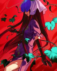 Rule 34 | 1girl, black gloves, black hair, china dress, chinese clothes, covered eyes, dress, elbow gloves, feet out of frame, flower, flower on head, from side, gloves, grape print, hand up, highres, kaigen 1025, long hair, plant, puffy short sleeves, puffy sleeves, purple dress, red background, short sleeves, side slit, sidelighting, smile, touhou, veil, very long hair, vine print, vines, yomotsu hisami