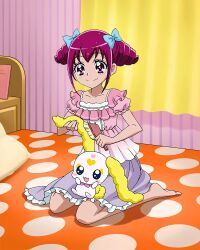Rule 34 | barefoot, blue bow, blush, bow, brushing another&#039;s hair, brushing hair, candy (smile precure!), drill hair, frilled skirt, frills, hair bow, hair brush, highres, holding, holding hair brush, hoshizora miyuki, official art, on bed, pink eyes, pink hair, pink shirt, precure, precure connection puzzlun, purple skirt, shirt, short hair, sitting, skirt, smile, smile precure!, third-party source, twin drills, wariza