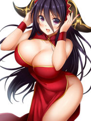 Rule 34 | 1girl, adjusting clothes, adjusting headwear, black hair, blush, breasts, character request, china dress, chinese clothes, cleavage, dress, inma kourin devil carnival, large breasts, long hair, looking at viewer, nail polish, open mouth, purple eyes, red nails, seta (monyun), smile, solo