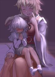 Rule 34 | 2girls, ^ ^, animal ears, blonde hair, blush, capelet, closed eyes, dress, embarrassed, female focus, fidgeting, full body, hair over eyes, ishikkoro, mouse ears, mouse tail, multiple girls, nazrin, no shoes, on lap, own hands together, petite, short hair, silver hair, sitting, size difference, socks, tail, toramaru shou, touhou, wavy mouth