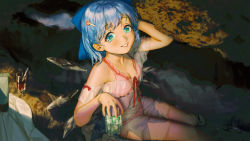 Rule 34 | 1girl, bikini, blue eyes, blue hair, blush, bow, breasts, cirno, cleavage, congming lan, drink, drinking straw, eyelashes, flip-flops, from above, glass, hair bow, hair ornament, hairclip, hand up, happy, highres, ice, ice cube, ice wings, looking up, partially submerged, sandals, short hair, sitting, smile, solo, sparkling eyes, summer, swimsuit, touhou, towel, water, wings