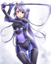 Rule 34 | 1girl, ahoge, armor, bodysuit, breastplate, breasts, commentary request, female focus, gloves, highres, long hair, neit ni sei, open mouth, original, pink eyes, purple hair, sketch, small breasts, smoke, solo, standing, sword, unitard, weapon, white background