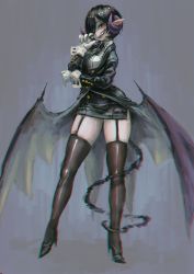 Rule 34 | 1girl, black eyes, black hair, black jacket, breasts, buttons, contrapposto, demon girl, demon horns, demon tail, demon wings, drooling, full body, gloves, grey background, hair over one eye, hand on own chin, head tilt, high heels, highres, horns, jacket, jonpei, large breasts, looking at viewer, low wings, miniskirt, one eye covered, pointy ears, saliva, sharp teeth, short hair, skirt, solo, standing, tail, teeth, thighhighs, thighs, white gloves, wings