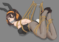 Rule 34 | 1girl, animal ears, arms behind back, bdsm, black footwear, black leotard, black pantyhose, bondage, bound, bound arms, bound legs, breasts, brown eyes, brown hair, clenched hand, crying, fake animal ears, feet up, from side, full body, gag, gagged, grey background, hair ribbon, high heels, highres, improvised gag, ivanfx, leotard, looking at viewer, medium breasts, orange ribbon, pantyhose, playboy bunny, rabbit ears, rabbit tail, restrained, ribbon, shadow, shibari, short hair, simple background, solo, suzumiya haruhi, suzumiya haruhi no yuuutsu, tail, tape, tape gag, tearing up, tears, wrinkled skin