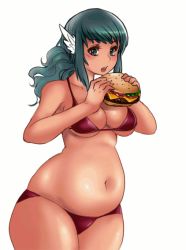 Rule 34 | 1girl, animated, animated gif, belly, breasts, burger, cleavage, fat, green hair, kipteitei, large breasts, long hair, obese, plump, solo, underwear, weight gain