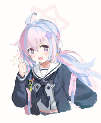 Rule 34 | + +, 1girl, :d, ahoge, black neckerchief, blue archive, blue hair, blush, commentary request, grey serafuku, grey shirt, hair ornament, halo, hand up, highres, long sleeves, looking at viewer, makihitsuji, multicolored hair, neckerchief, open mouth, pink hair, purple eyes, reisa (blue archive), sailor collar, school uniform, serafuku, shirt, simple background, smile, solo, star (symbol), star hair ornament, thumbs up, twintails, two-tone hair, upper body, white background