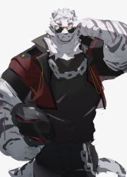 Rule 34 | 1boy, absurdres, alternate costume, arknights, bara, black tank top, chain, chain necklace, furry, furry male, helmet, highres, jewelry, large pectorals, loss kim, male focus, mountain (arknights), muscular, muscular male, necklace, pectorals, scar, scar across eye, scar on face, tank top, unfinished, white fur