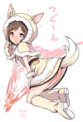Rule 34 | 1girl, animal hood, ass, bang dream!, blush, boots, breasts, brown hair, capelet, commentary request, dated, drawstring, flying sweatdrops, full body, fur-trimmed capelet, fur-trimmed hood, fur trim, hazawa tsugumi, hood, hood up, hooded capelet, jacket, knee boots, kneeling, looking at viewer, looking back, looking to the side, parted lips, paw pose, red eyes, shipii (jigglypuff), simple background, skirt, small breasts, solo, tail, white background