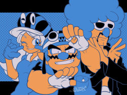 Rule 34 | 1girl, 2boys, facial hair, fingerless gloves, gloves, goggles, goggles on headwear, hat, helmet, highres, jacket, jimmy t, looking at viewer, mona (warioware), multiple boys, mustache, nintendo, omu (sinsindan), one eye closed, open clothes, open jacket, smile, smirk, sunglasses, thick eyebrows, wario, warioware, warioware: touched!
