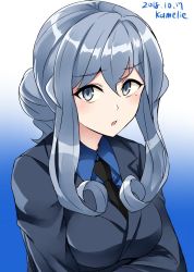Rule 34 | 1girl, black necktie, blue background, blue eyes, blue hair, blue shirt, collared shirt, commentary request, crossed arms, dated, dress shirt, gotland (kancolle), gotland andra (kancolle), gradient background, hair bun, highres, kamelie, kantai collection, long hair, long sleeves, looking at viewer, mole, mole under eye, necktie, one-hour drawing challenge, shirt, single hair bun, solo, upper body, white background