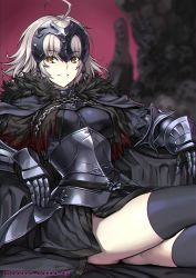 Rule 34 | 1girl, ahoge, armor, black cape, blood, blood stain, breasts, cape, dark sky, fate/grand order, fate (series), headpiece, highres, jeanne d&#039;arc (fate), jeanne d&#039;arc alter (avenger) (fate), jeanne d&#039;arc alter (fate), medium breasts, ninnin (shishitou), silver hair, sitting, skull, sky, smile, thighhighs, thighs, yellow eyes